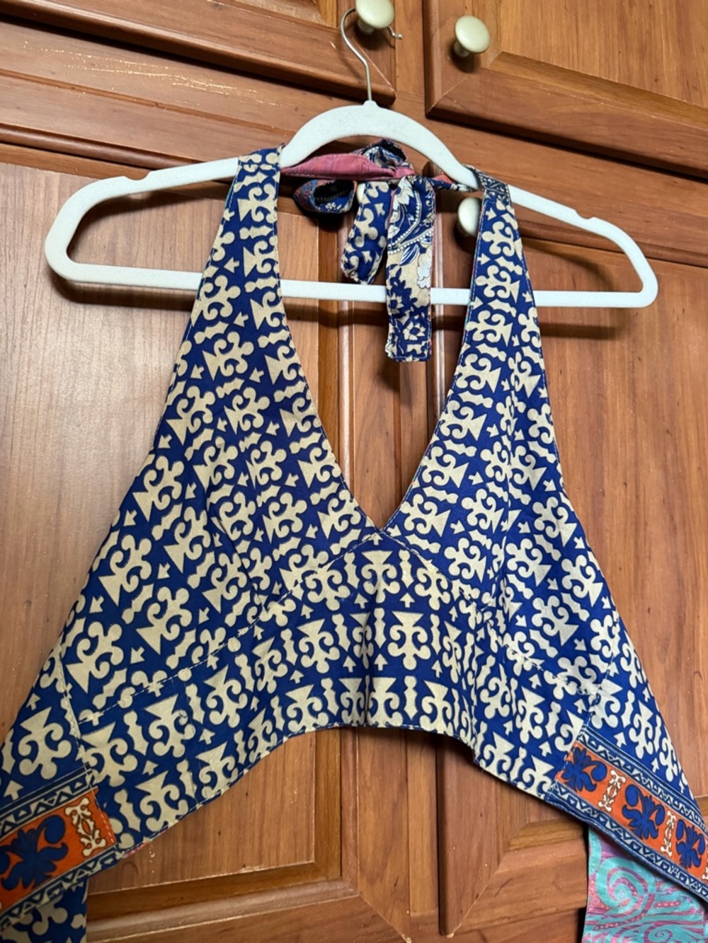 Blue and Cream Halter Tank Top with Border Detail
